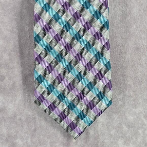 JF J. Ferrar Gray Purple Blue Plaid Tartan Checker Men's Neck Tie NWOT - Picture 1 of 7